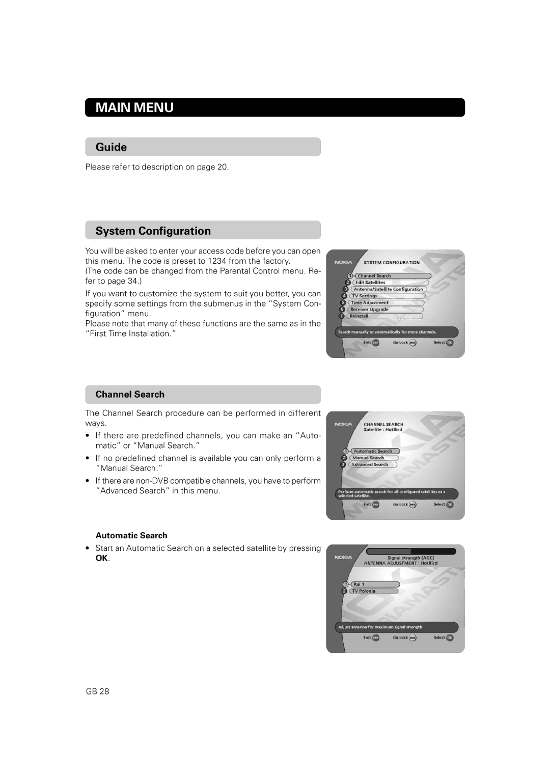 Nokia 9860 S owner manual System Configuration, Channel Search, Automatic Search 