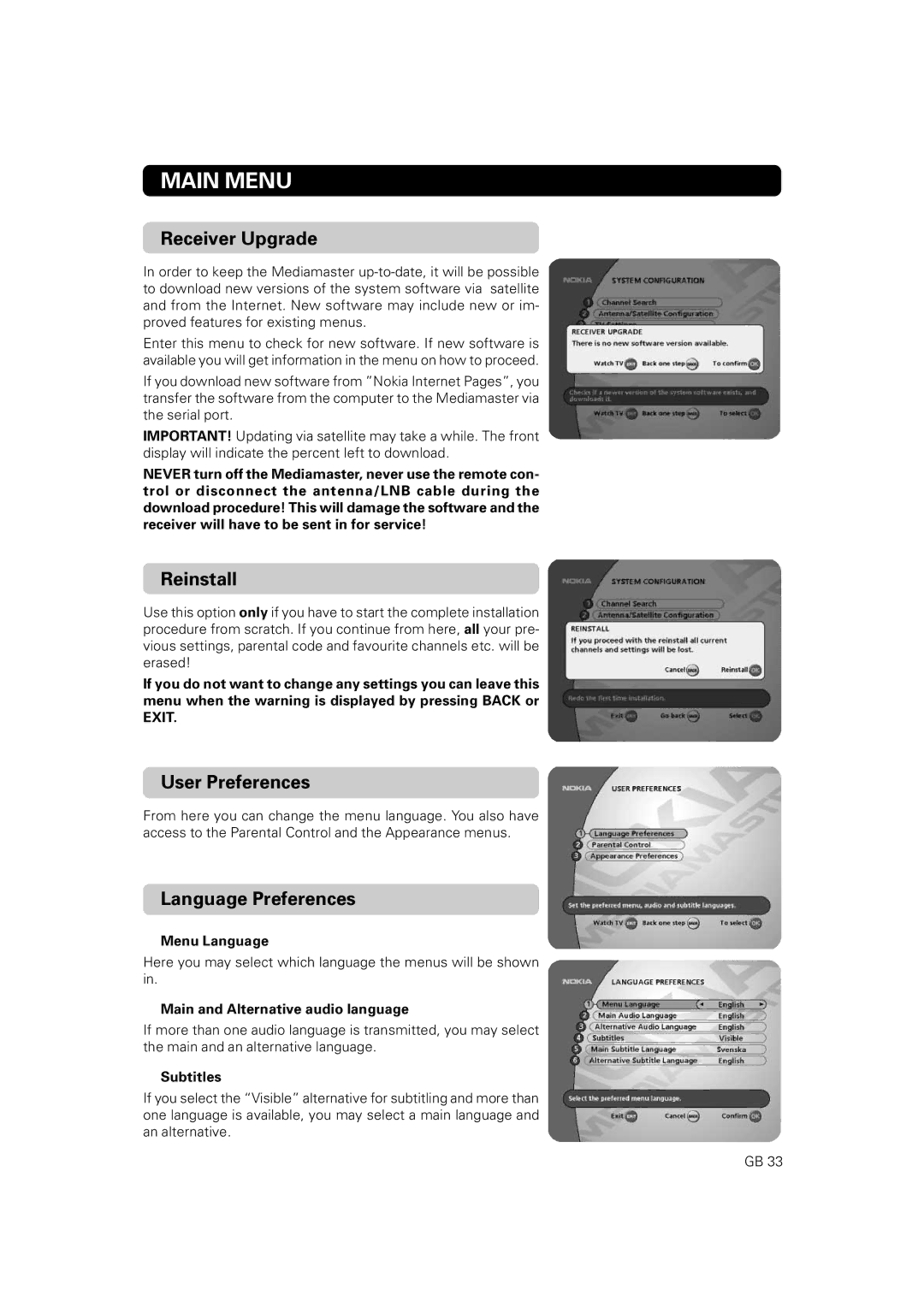 Nokia 9860 S owner manual Receiver Upgrade, Reinstall, User Preferences, Language Preferences 