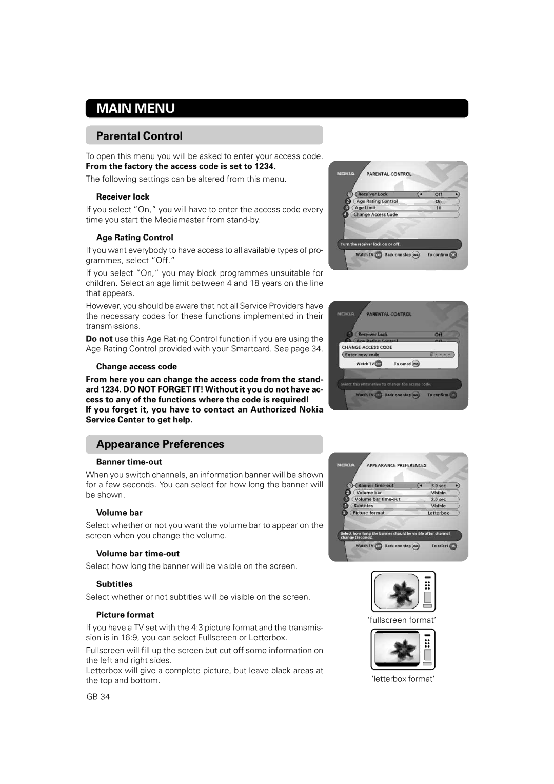 Nokia 9860 S owner manual Parental Control, Appearance Preferences 