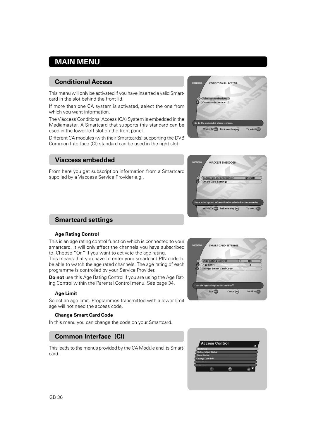 Nokia 9860 S owner manual Conditional Access, Viaccess embedded, Smartcard settings, Common Interface CI 