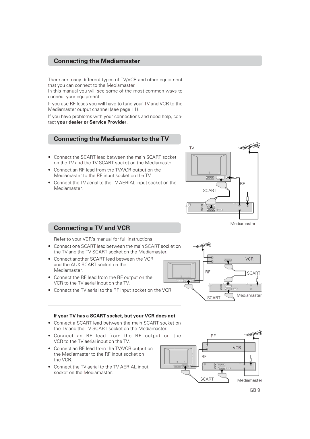 Nokia 9860 S owner manual Connecting the Mediamaster to the TV, Connecting a TV and VCR 