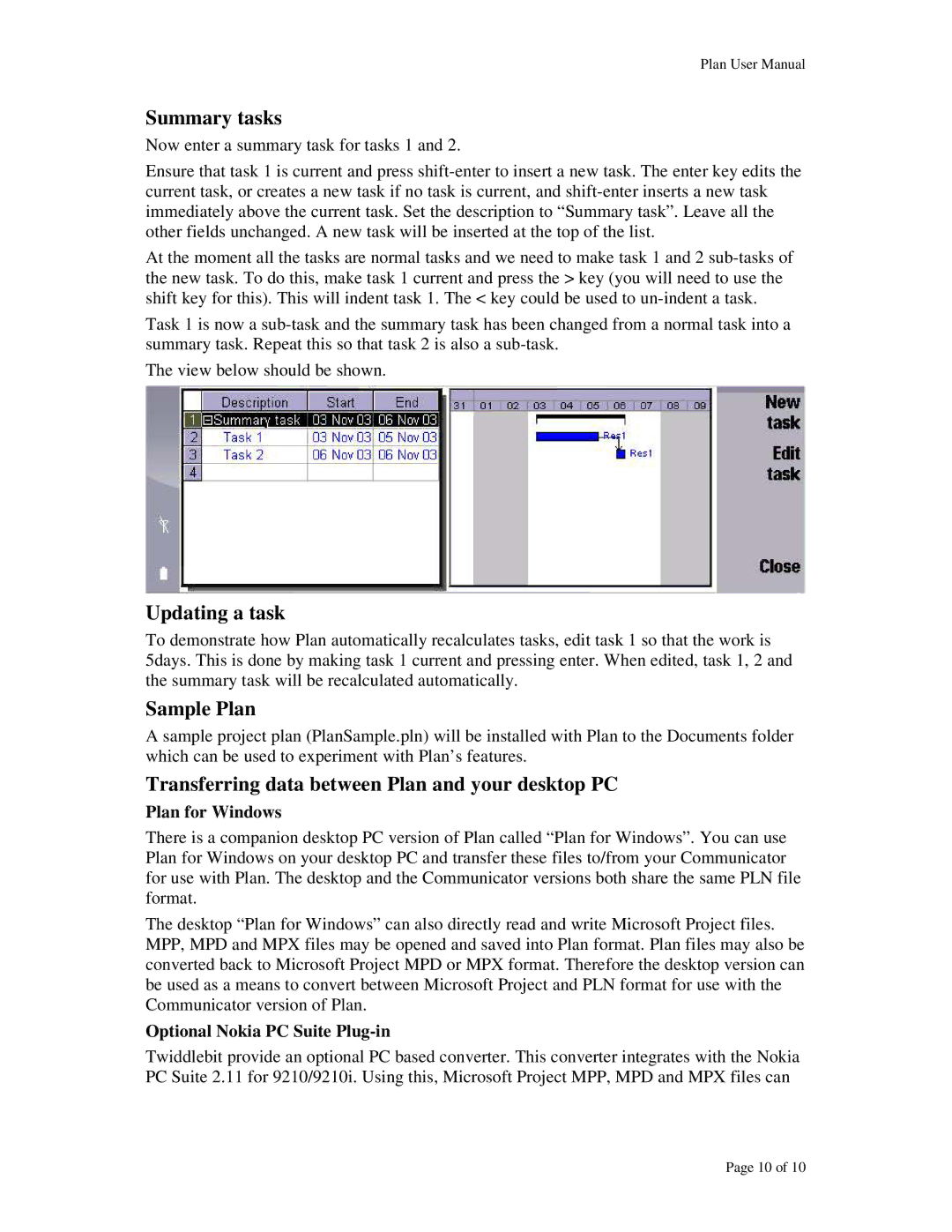 Nokia 9XXX user manual Summary tasks, Updating a task, Sample Plan, Transferring data between Plan and your desktop PC 