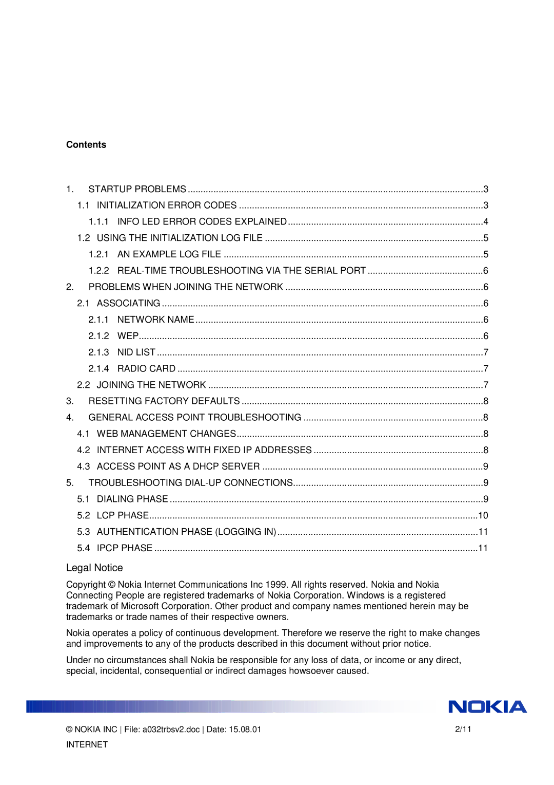 Nokia A032 manual Legal Notice, Contents 