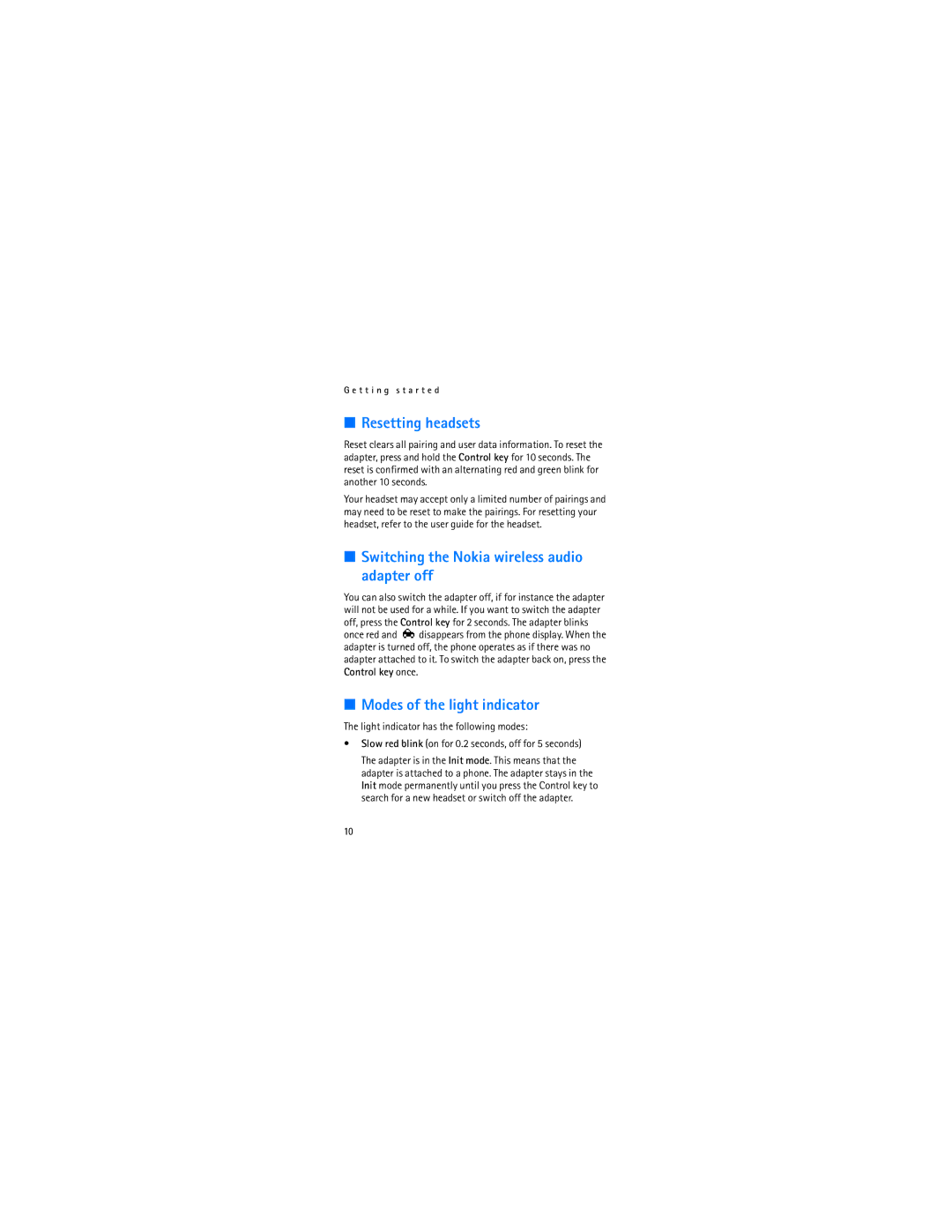 Nokia AD-5B manual Resetting headsets, Switching the Nokia wireless audio adapter off, Modes of the light indicator 