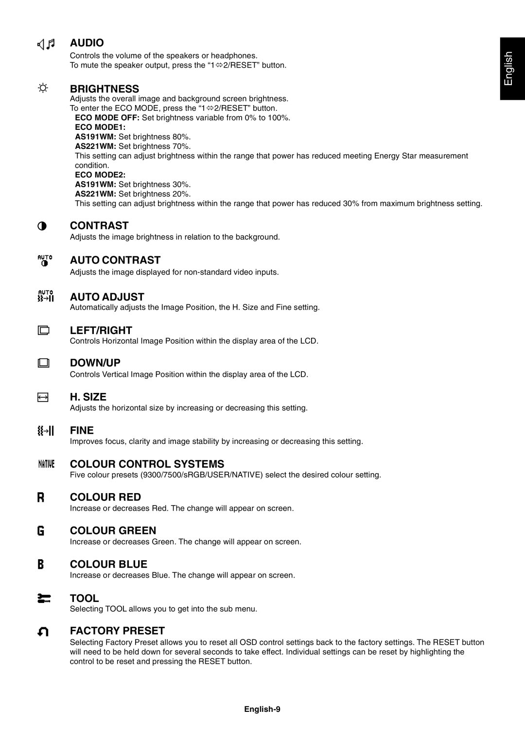 Nokia AS191WMBK user manual Audio, English-9 