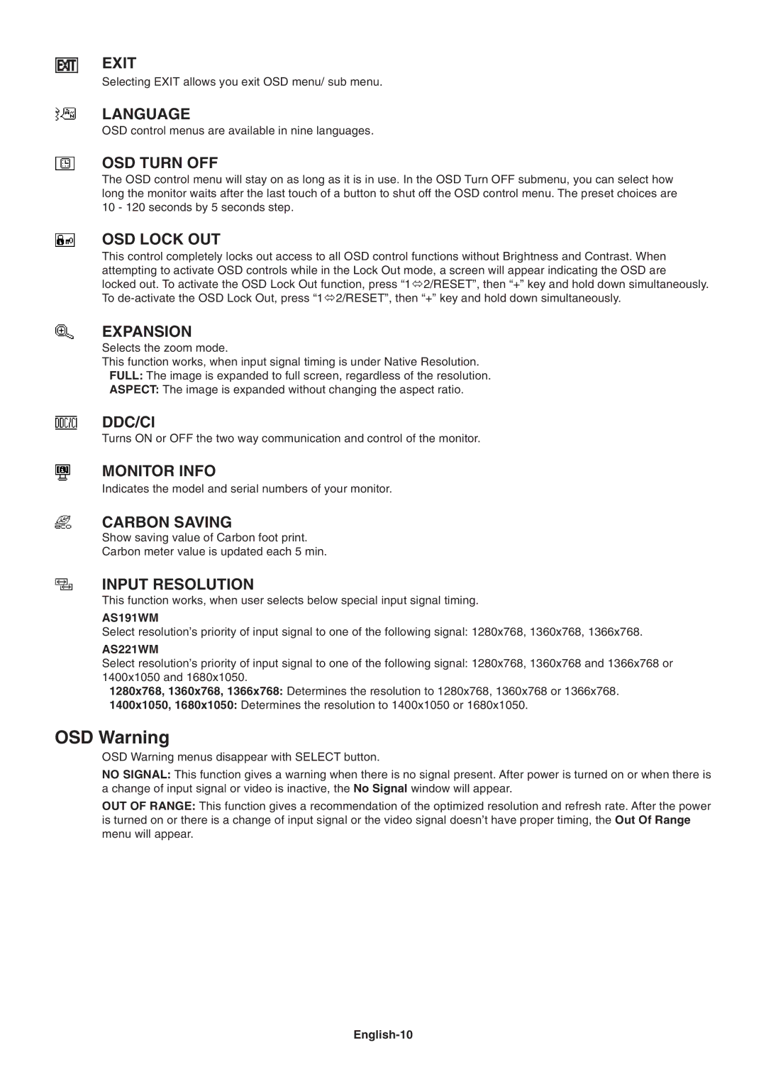 Nokia AS191WMBK user manual OSD Warning, English-10 