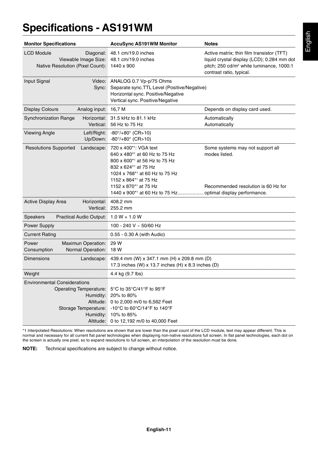 Nokia AS191WMBK user manual Specifications AS191WM, Monitor Specifications AccuSync AS191WM Monitor, English-11 