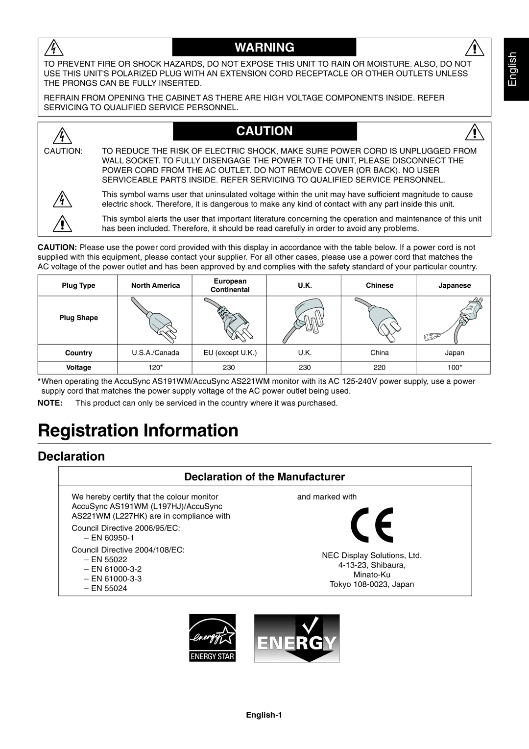 Nokia AS191WMBK user manual Registration Information, Declaration, English-1 