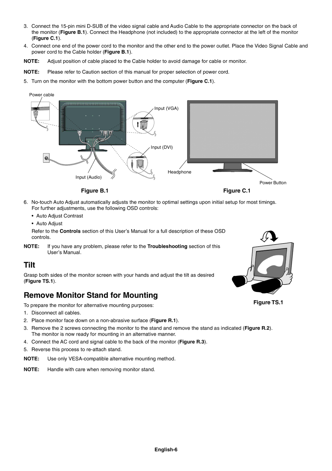 Nokia AS191WMBK user manual Tilt, Remove Monitor Stand for Mounting, English-6 