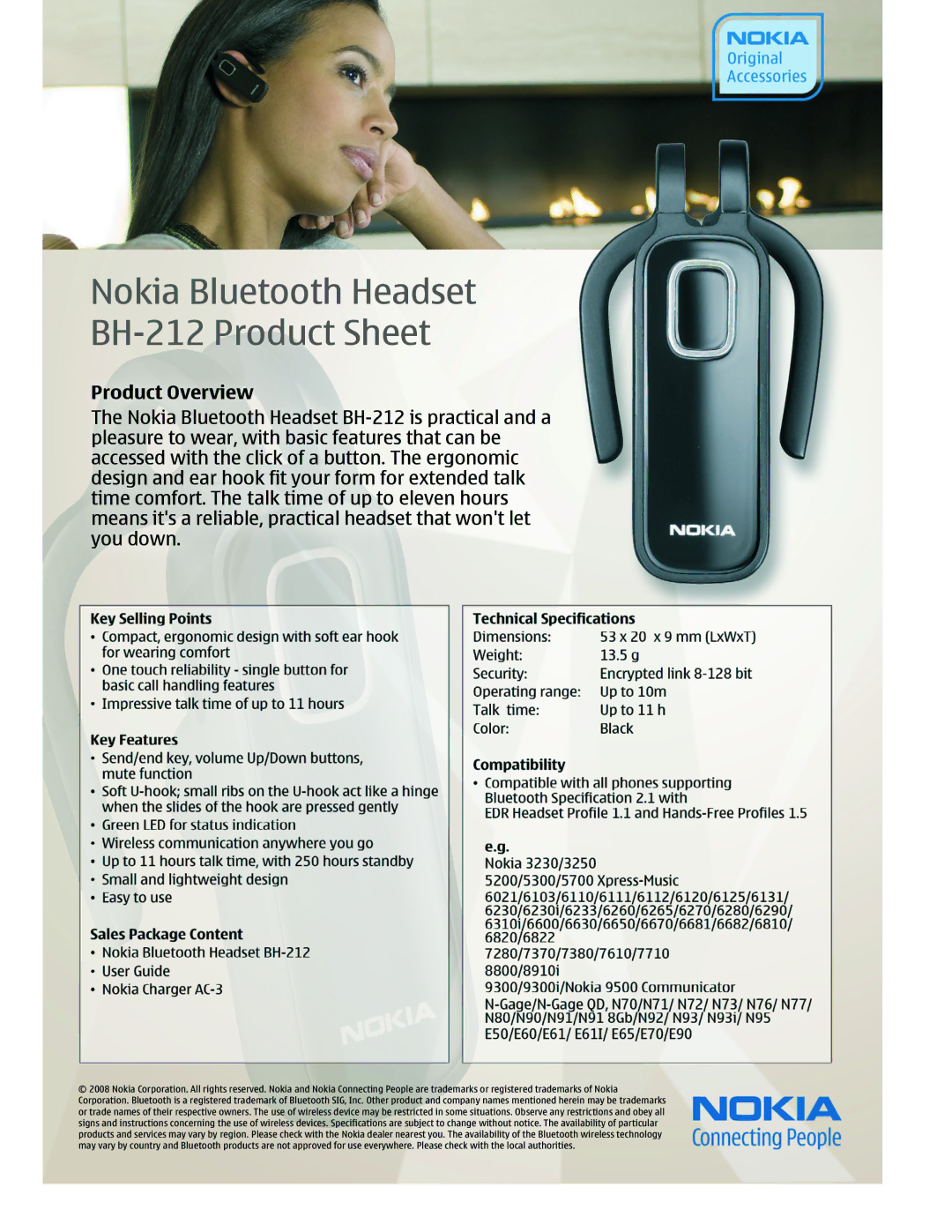 Nokia technical specifications Nokia Bluetooth Headset BH-212 Product Sheet, Product Overview 