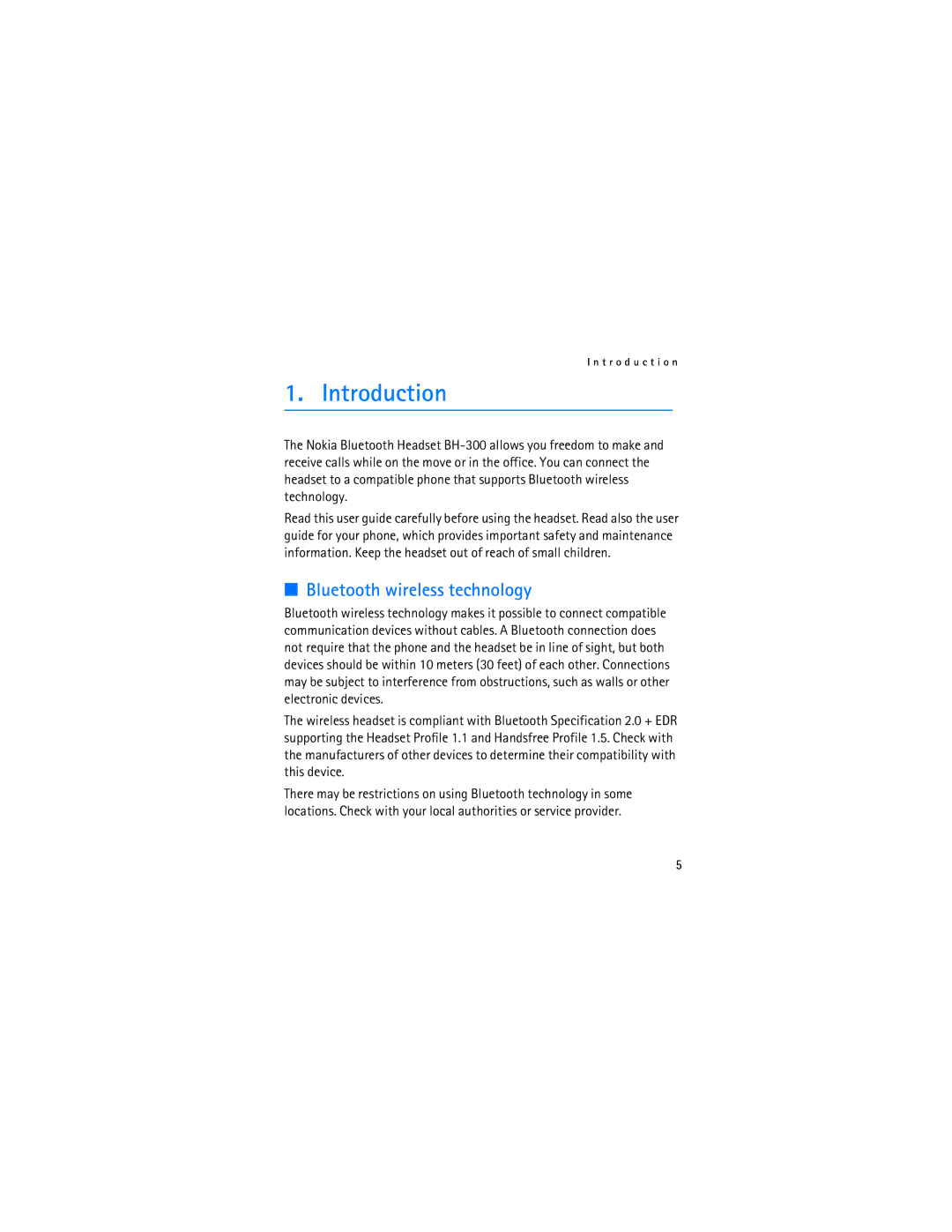 Nokia BH-300 manual Introduction, Bluetooth wireless technology 