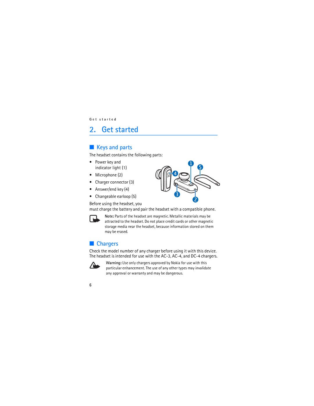 Nokia BH-300 manual Get started, Keys and parts, Chargers, Power key and indicator light 