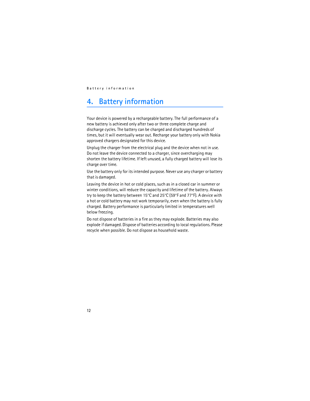 Nokia BH-500 manual Battery information 