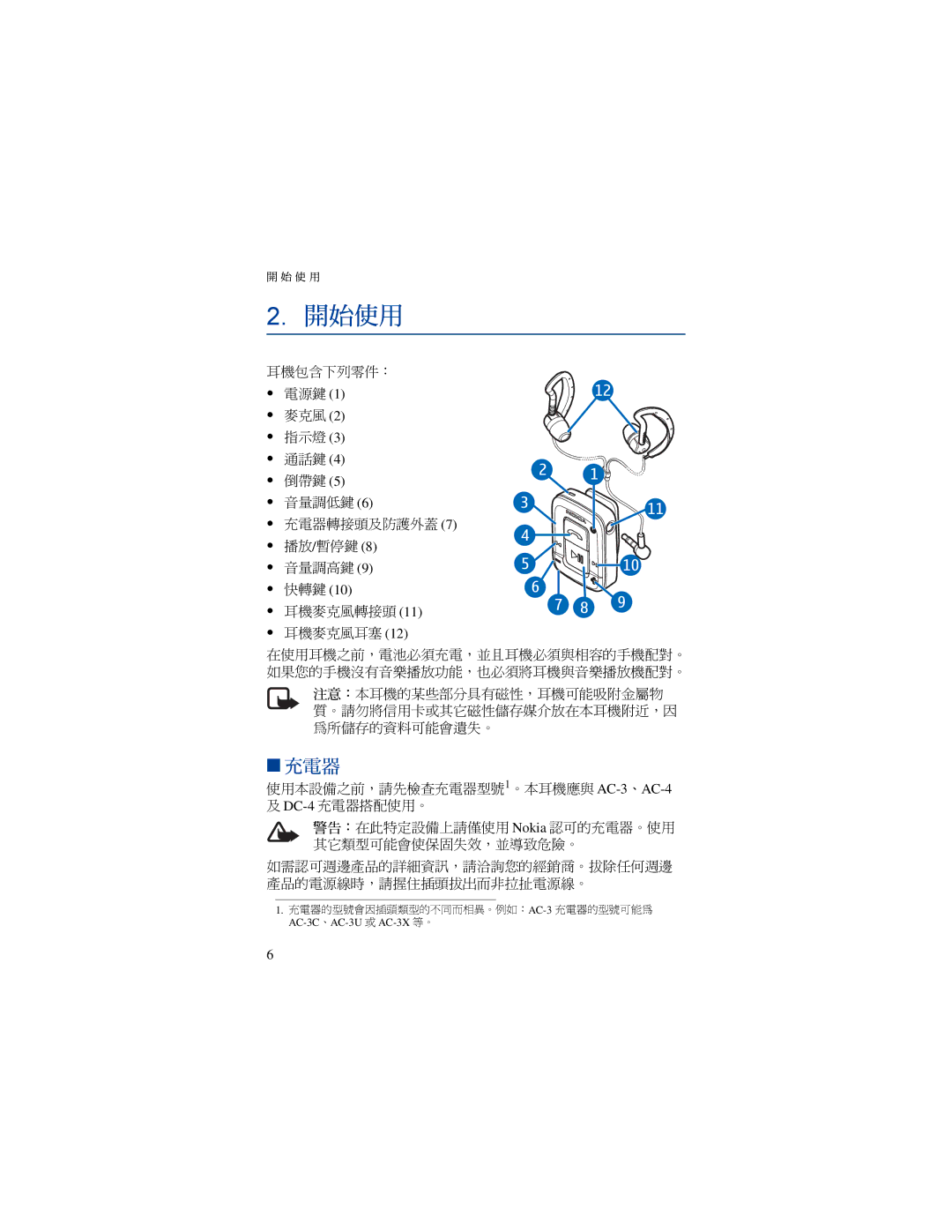 Nokia BH-500 manual 開始使用 