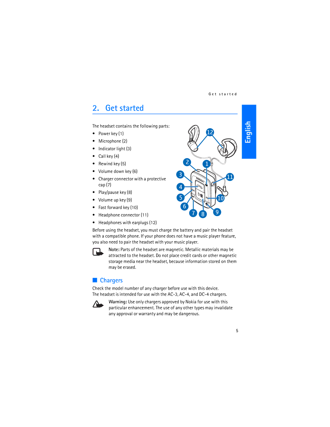 Nokia BH-500 manual Get started, Chargers 