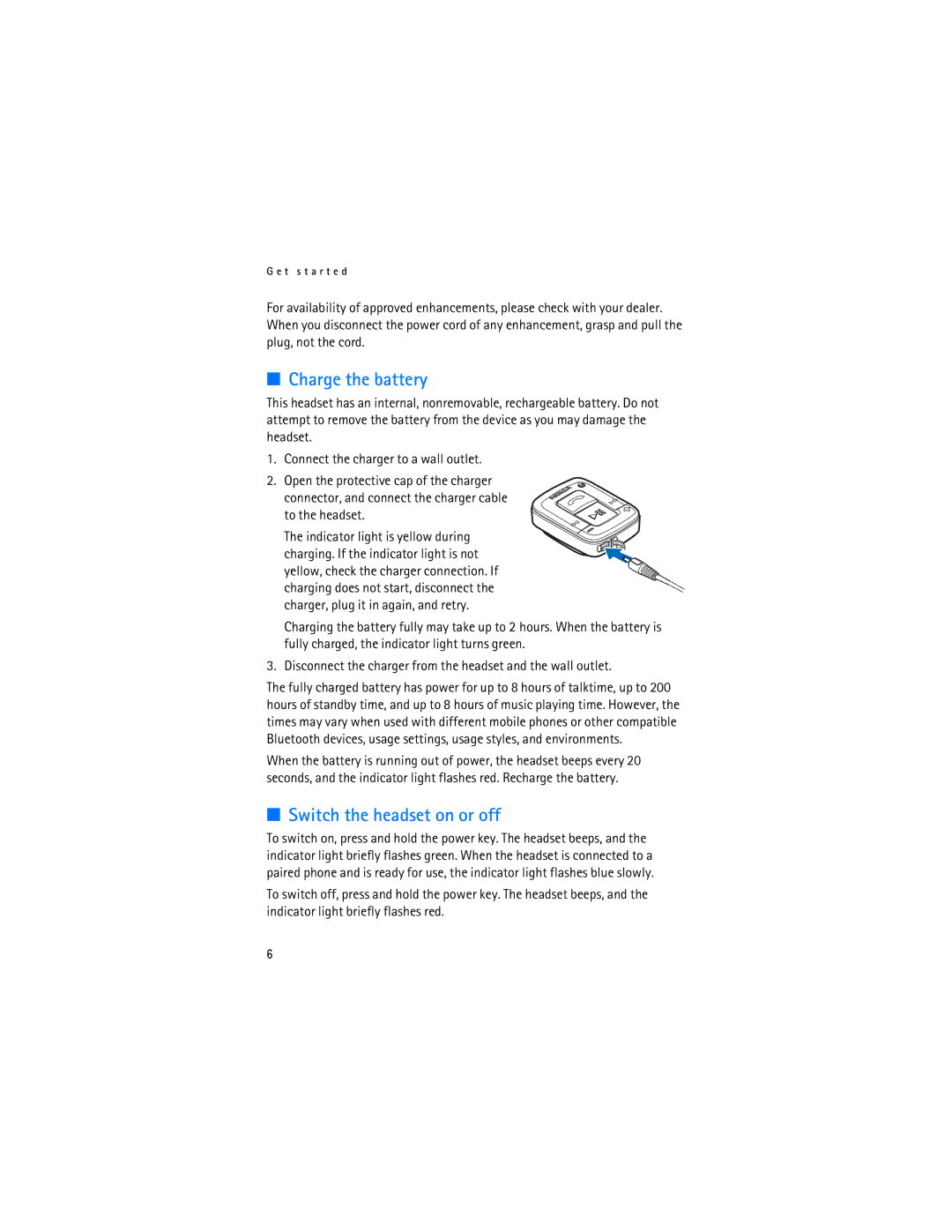 Nokia BH-500 manual Charge the battery, Switch the headset on or off 