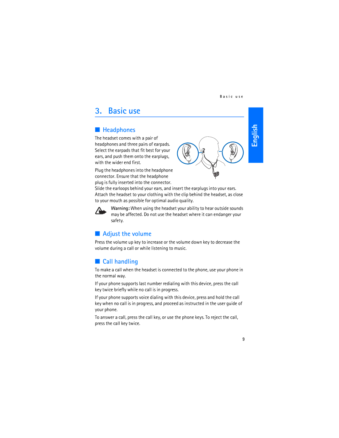 Nokia BH-500 manual Headphones, Adjust the volume, Call handling 