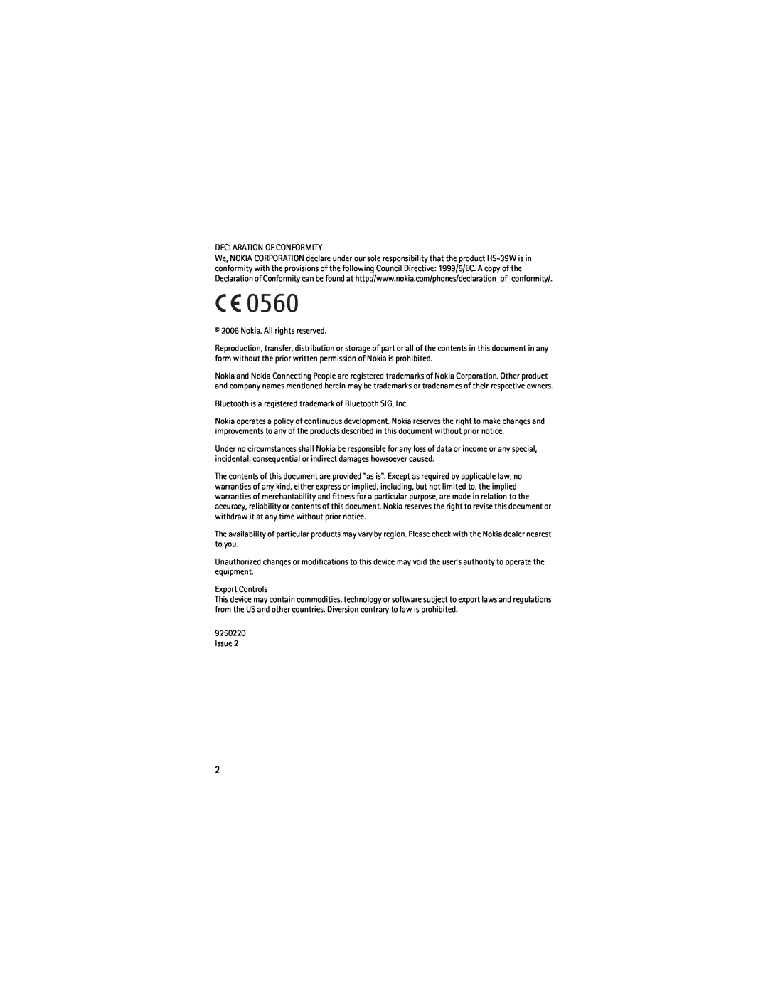 Nokia BH-500 manual Declaration Of Conformity 