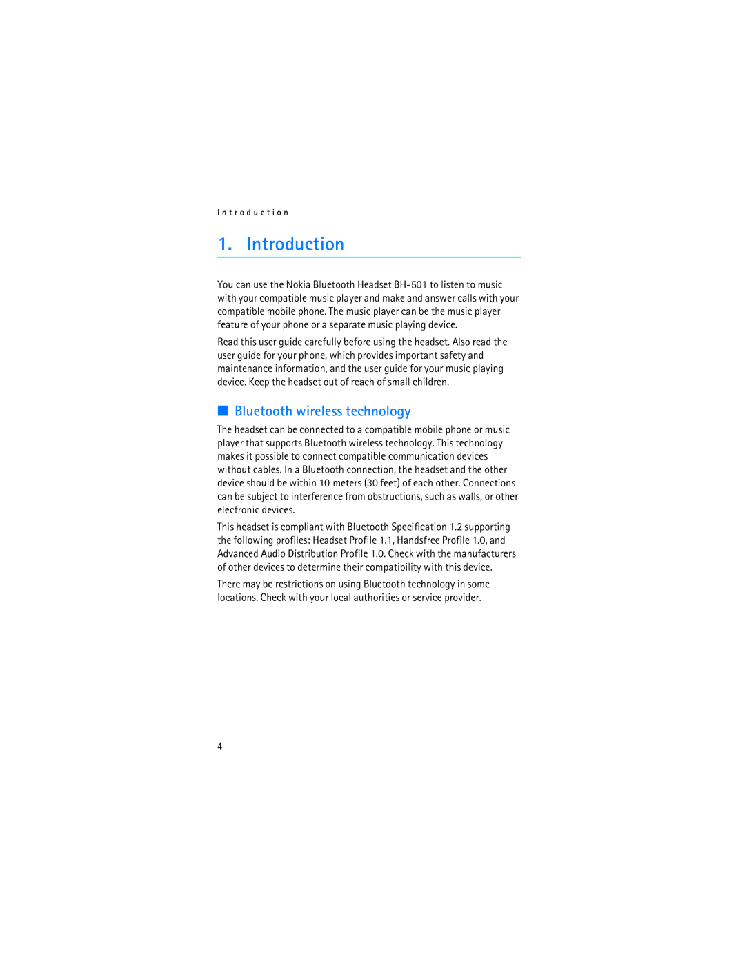 Nokia BH-501 manual Introduction, Bluetooth wireless technology 