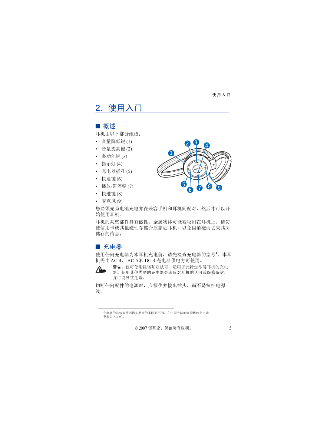 Nokia BH-503 manual 使用入门, 充电器 