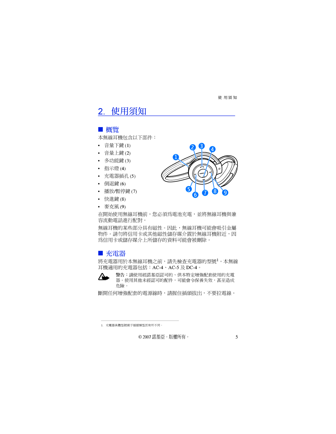 Nokia BH-503 manual 使用須知, 充電器 