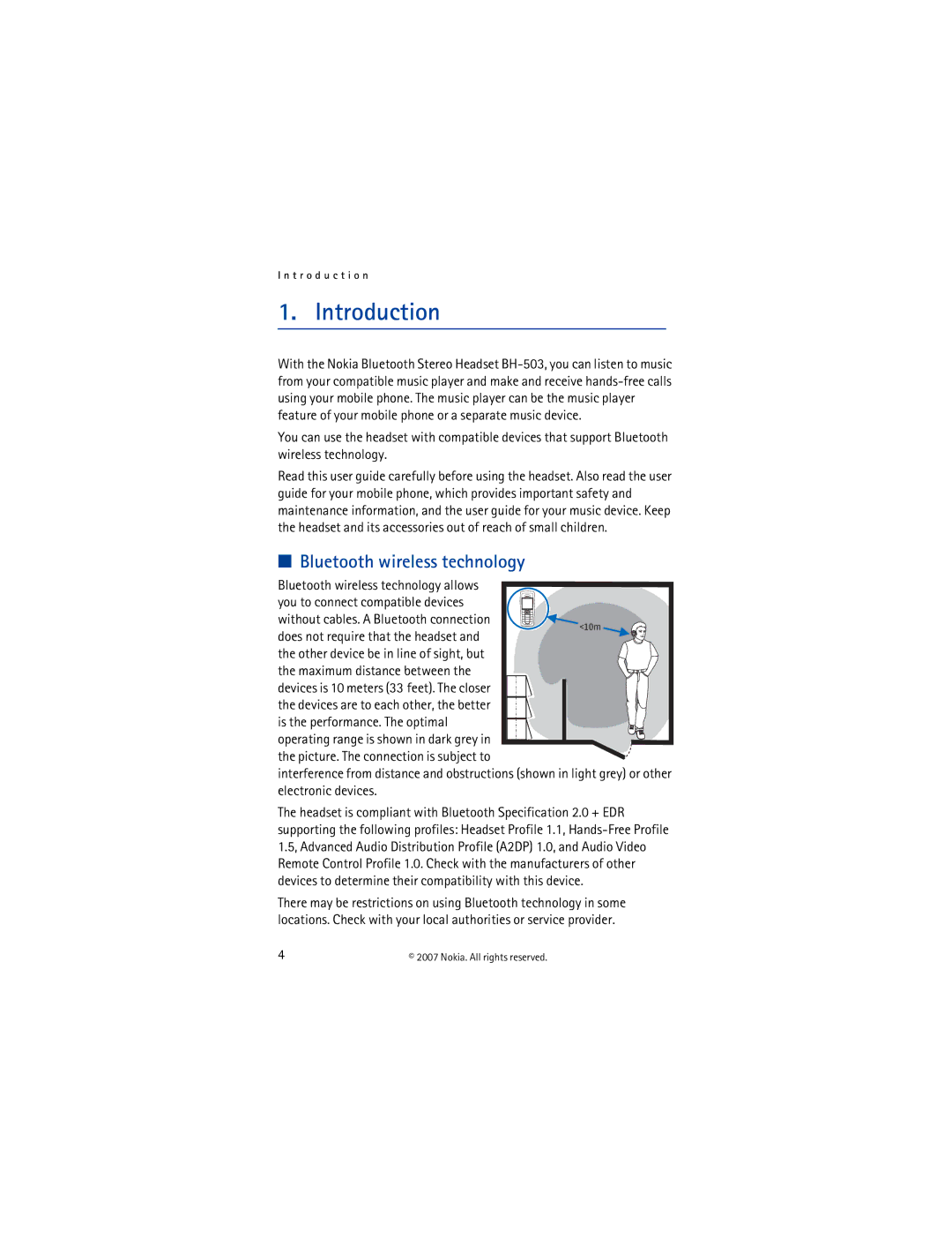 Nokia BH-503 manual Introduction, Bluetooth wireless technology 