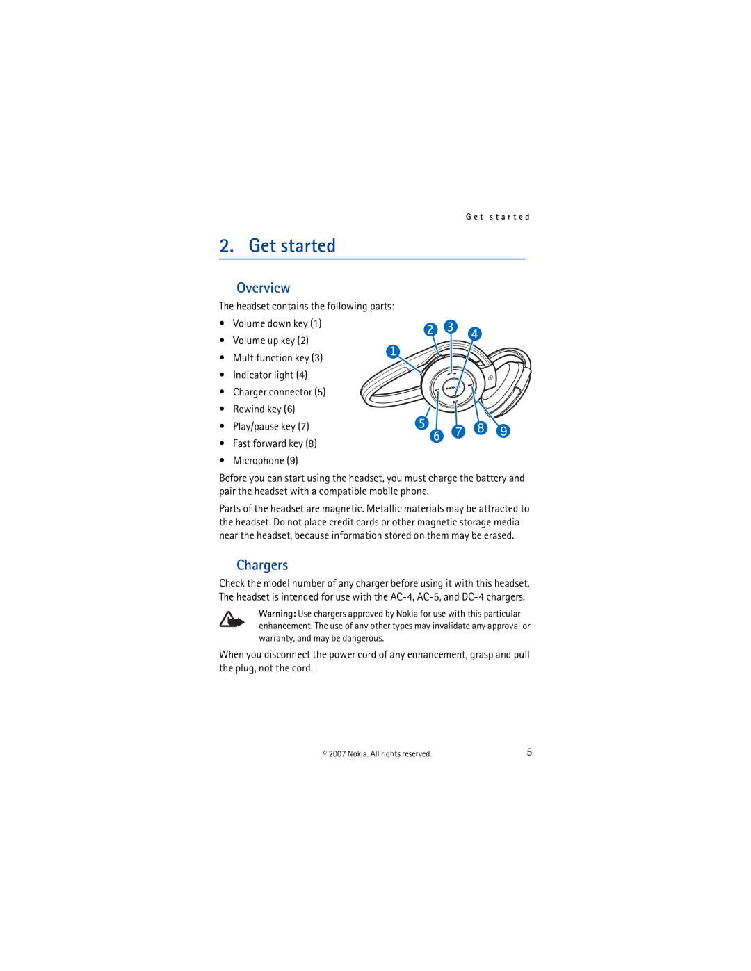 Nokia BH-503 manual Get started, Overview, Chargers 