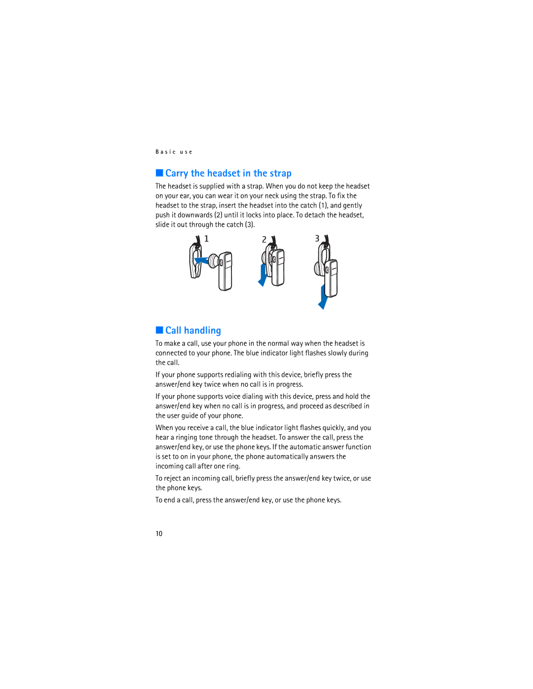 Nokia BH-700 manual Carry the headset in the strap, Call handling 