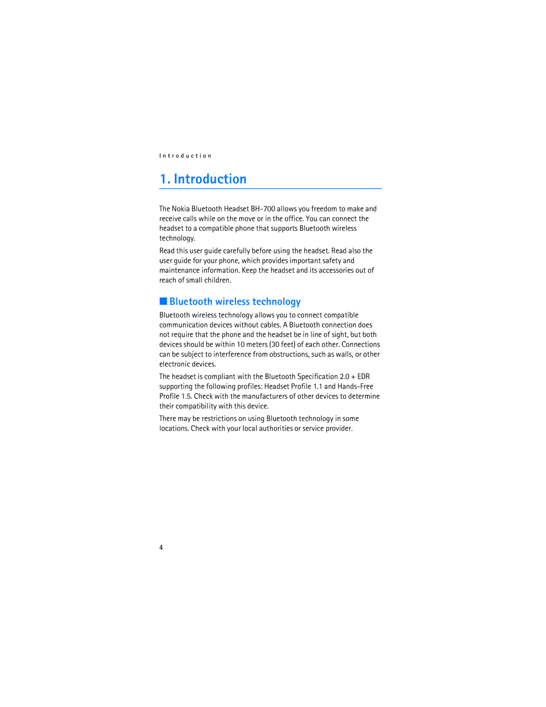 Nokia BH-700 manual Introduction, Bluetooth wireless technology 