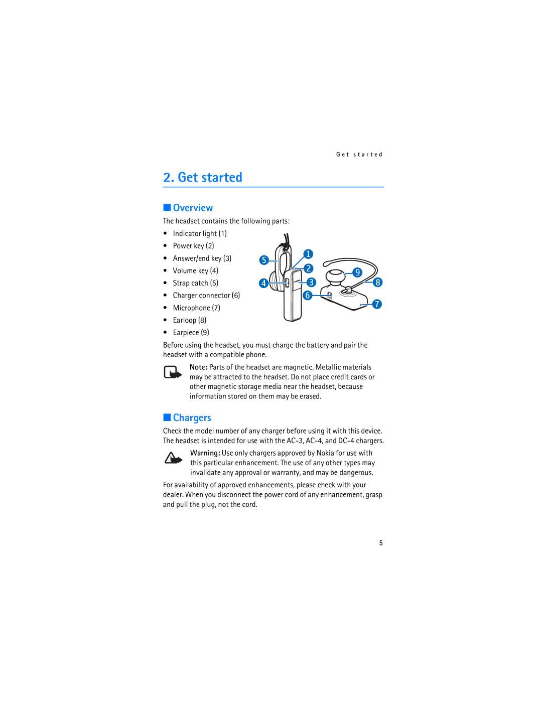 Nokia BH-700 manual Get started, Overview, Chargers 