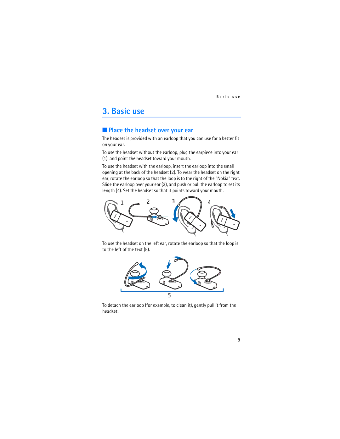 Nokia BH-700 manual Basic use, Place the headset over your ear 