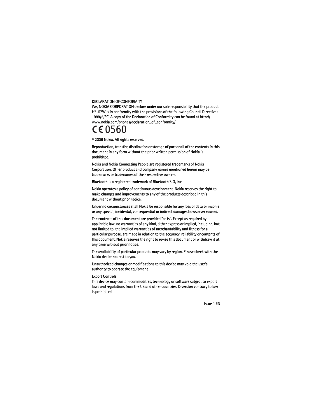 Nokia BH-700 manual Declaration Of Conformity 