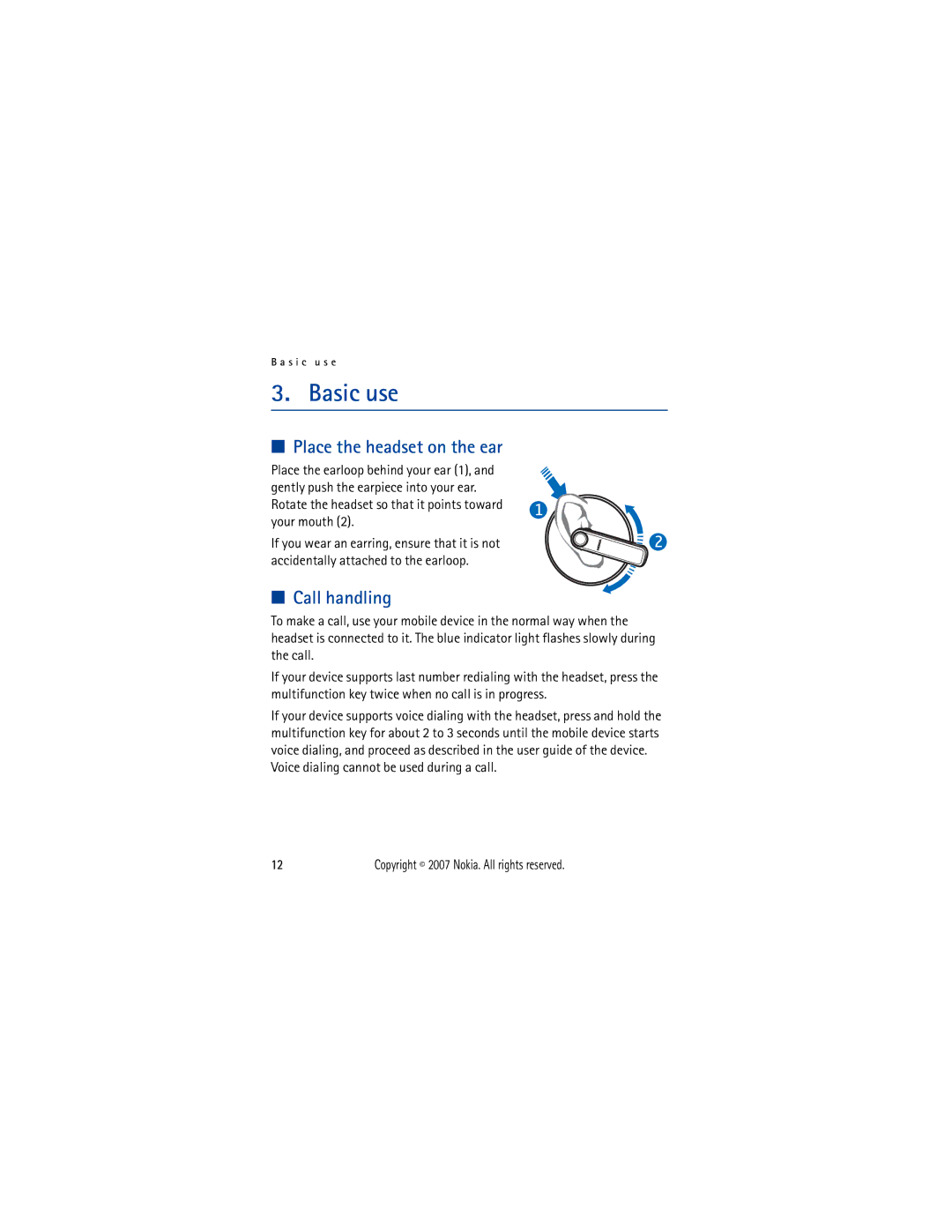 Nokia BH-701 manual Place the headset on the ear, Call handling 