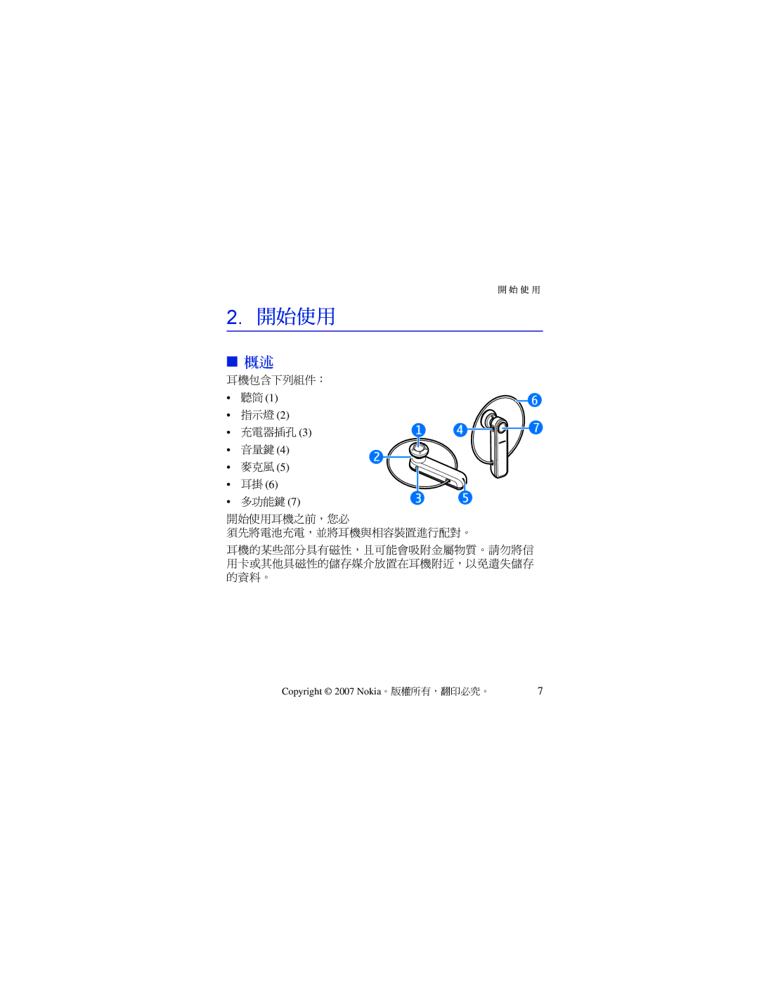 Nokia BH-701 manual 開始使用, 耳掛6 多功能鍵7 