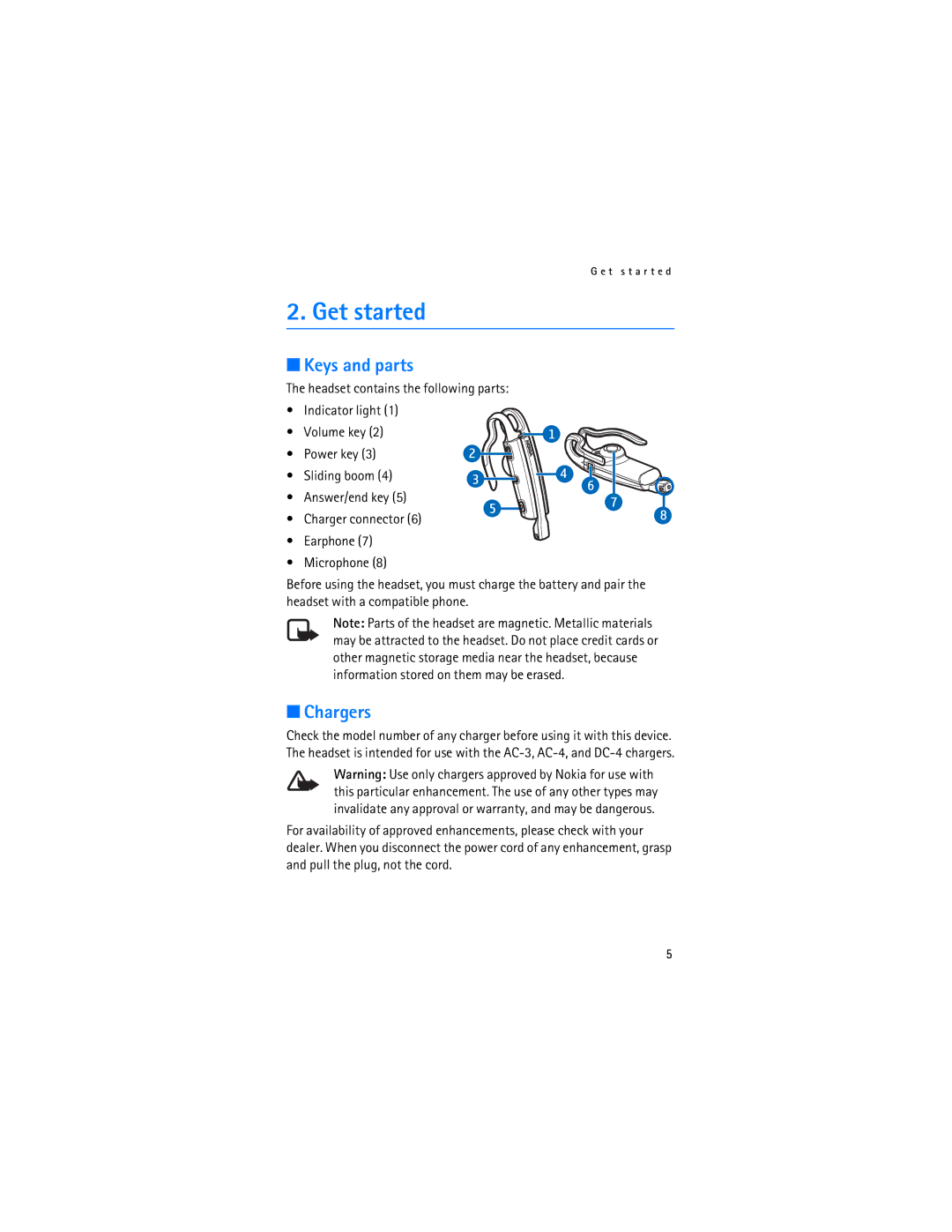 Nokia BH-900 manual Get started, Keys and parts, Chargers 