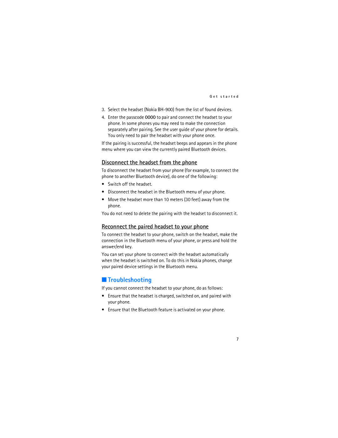 Nokia BH-900 manual Troubleshooting, Disconnect the headset from the phone 