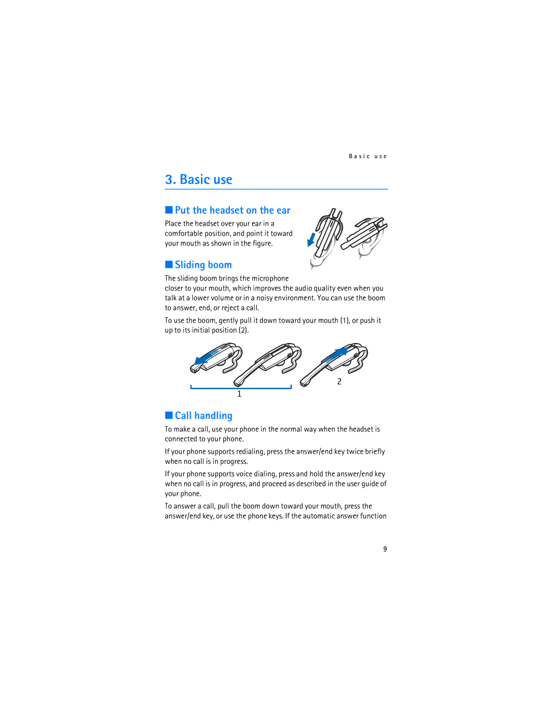 Nokia BH-900 manual Basic use, Put the headset on the ear, Sliding boom, Call handling 