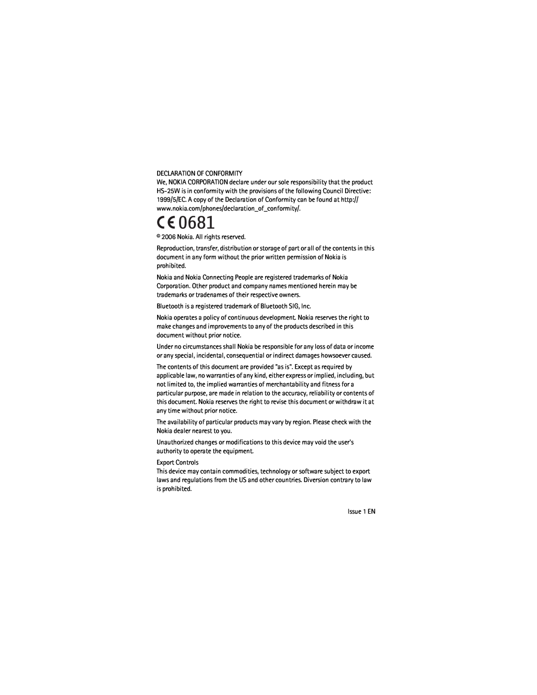 Nokia BH-900 manual Declaration Of Conformity 