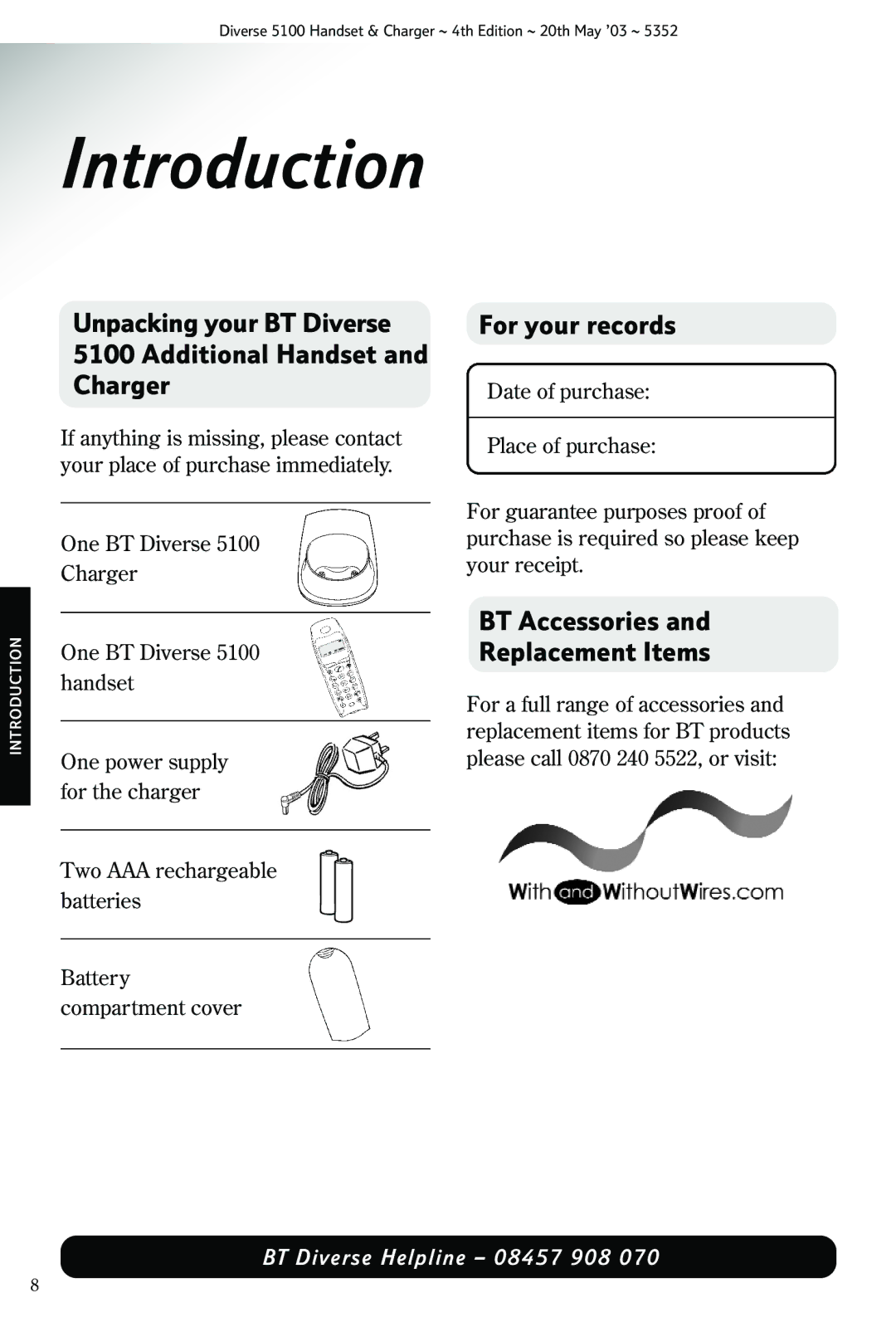 Nokia BT DIVERSE 5100 manual Introduction, For your records, BT Accessories Replacement Items 