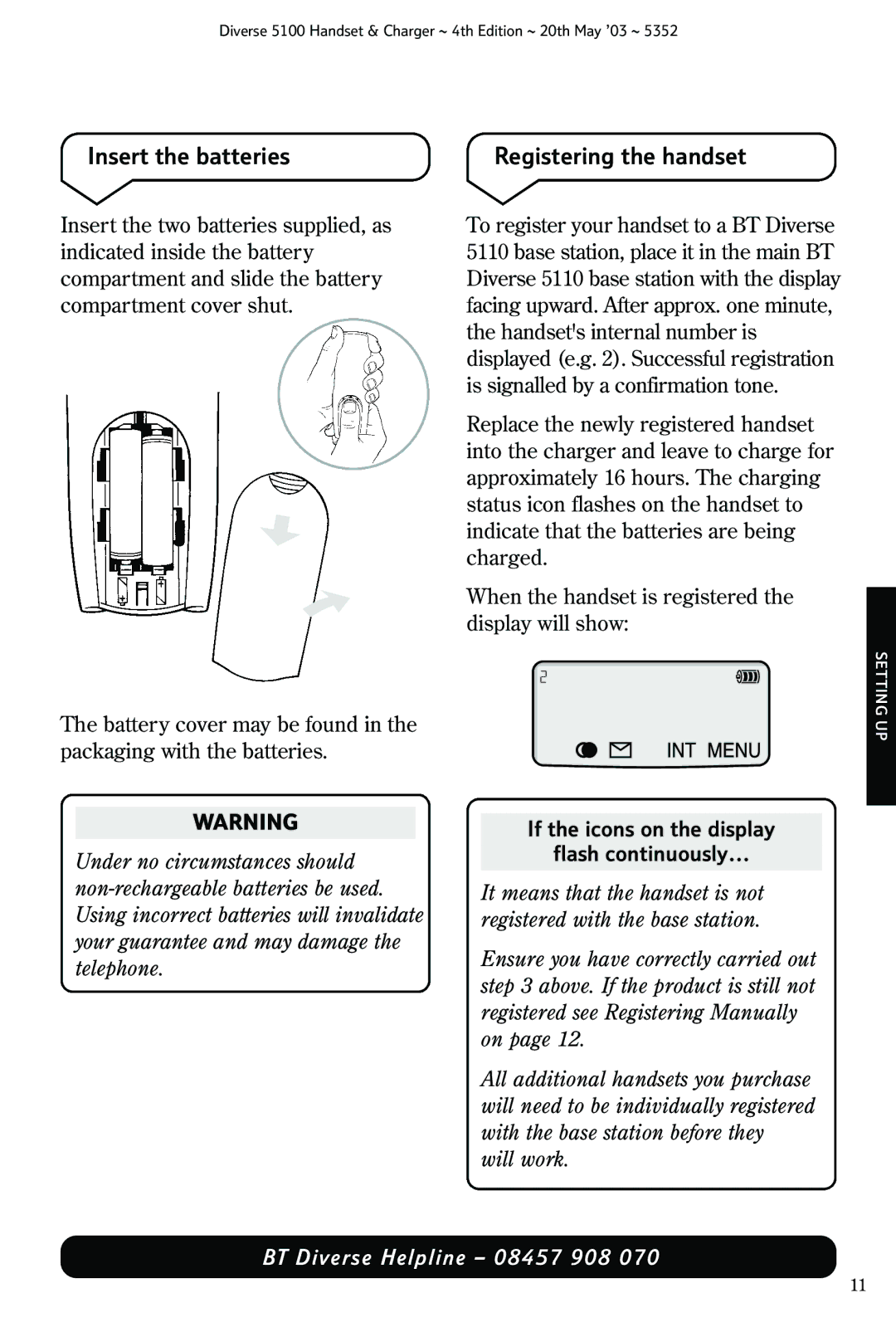 Nokia BT DIVERSE 5100 manual Insert the batteries, Registering the handset, If the icons on the display Flash continuously 