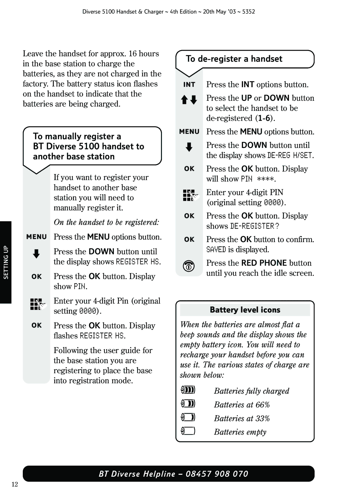 Nokia BT DIVERSE 5100 manual To de-register a handset, Battery level icons 