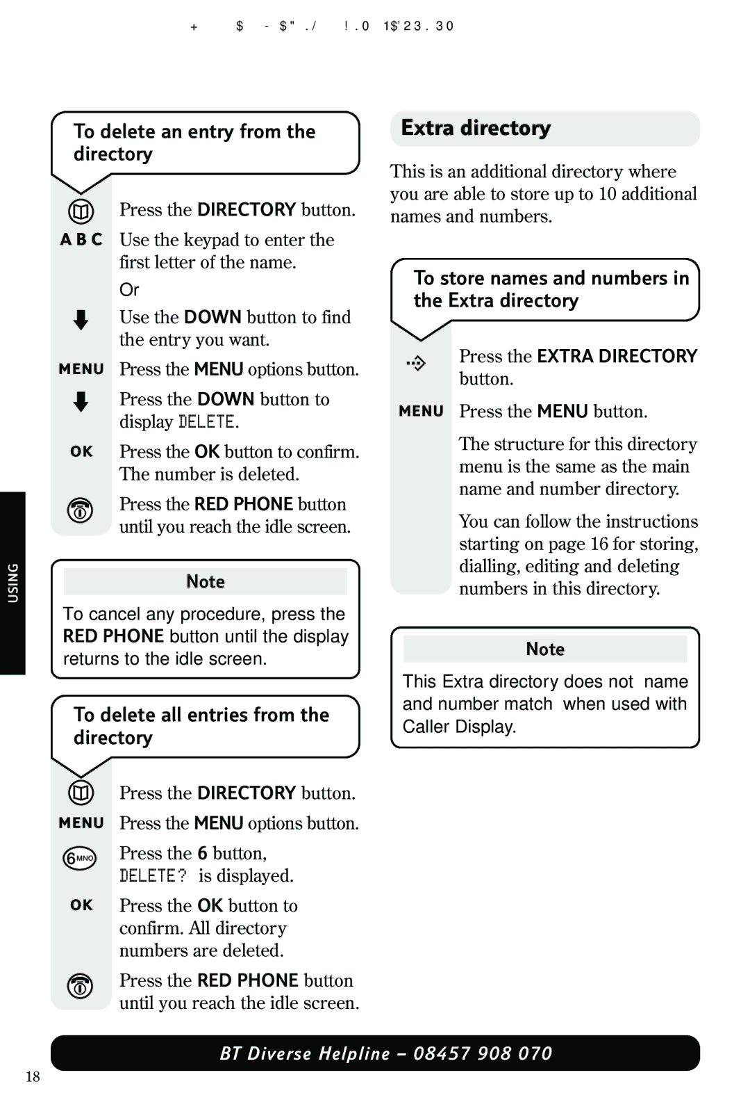 Nokia BT DIVERSE 5100 Extra directory, To delete an entry from the directory, To delete all entries from the directory 