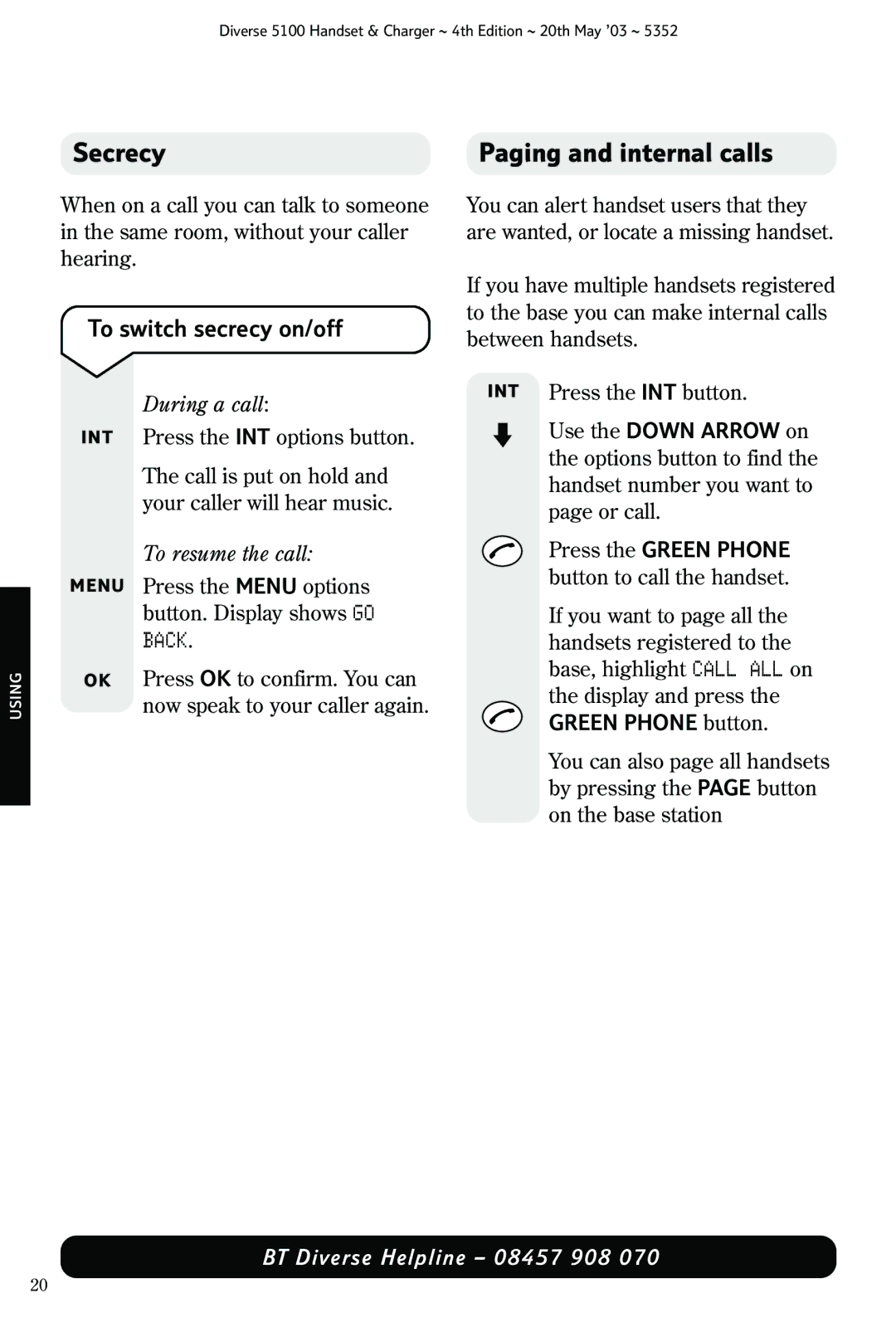 Nokia BT DIVERSE 5100 manual Secrecy, Paging and internal calls, To switch secrecy on/off 