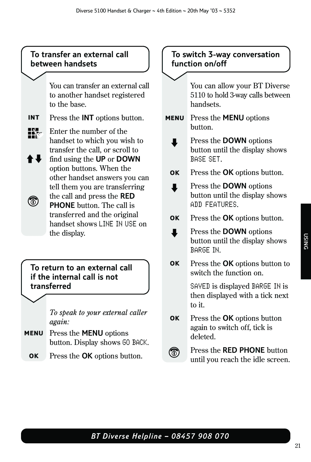 Nokia BT DIVERSE 5100 manual To transfer an external call between handsets, To switch 3-way conversation function on/off 