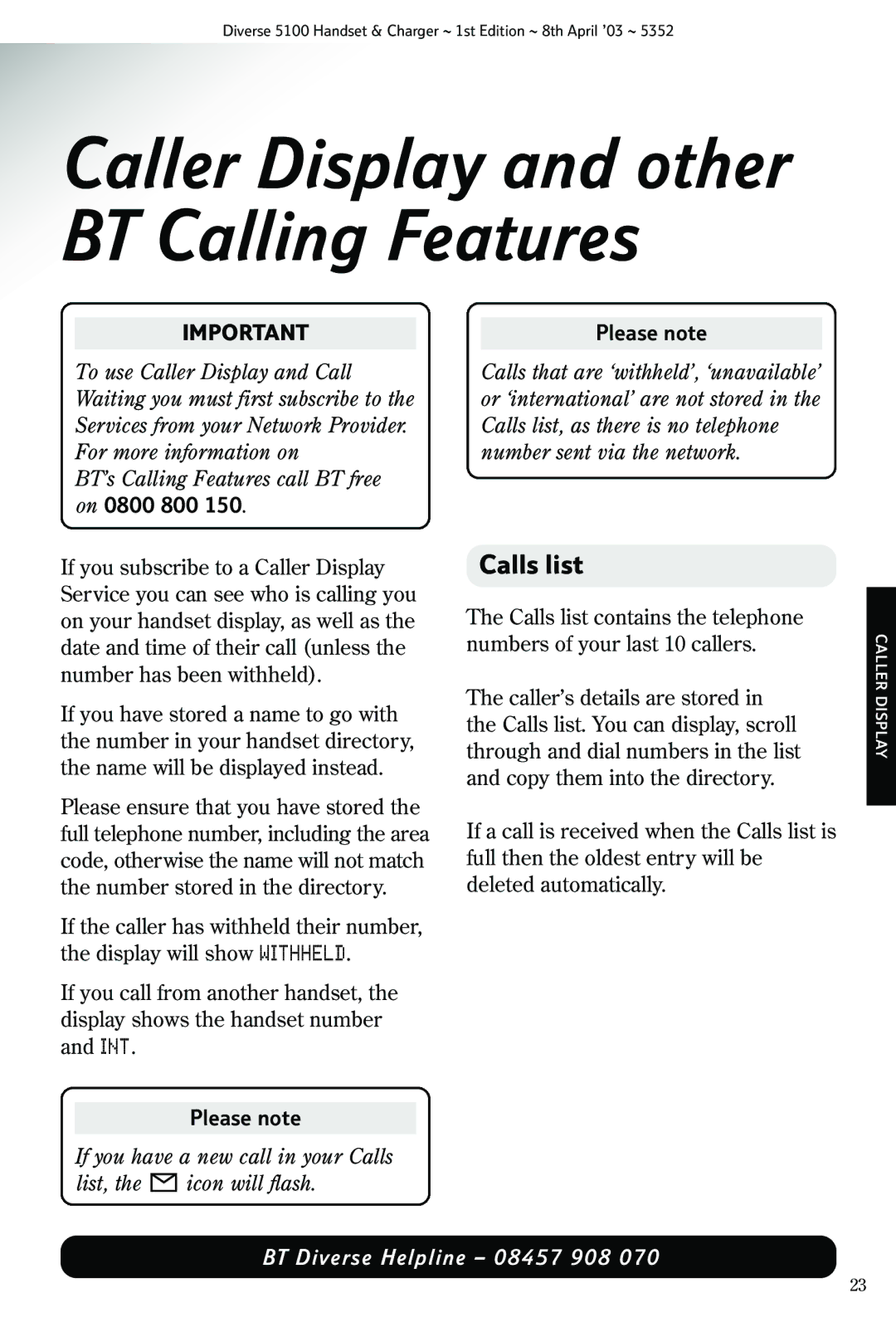 Nokia BT DIVERSE 5100 manual Caller Display and other BT Calling Features, Calls list 