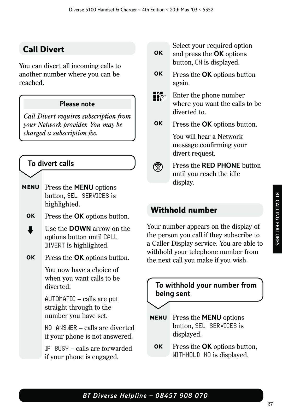 Nokia BT DIVERSE 5100 manual Call Divert, Withhold number, To divert calls, To withhold your number from being sent 