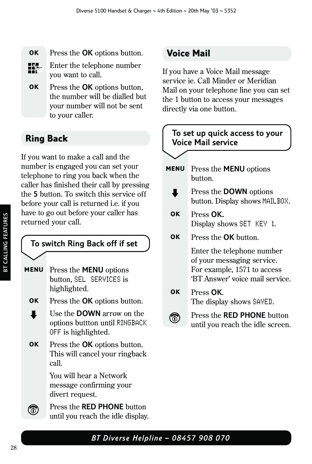 Nokia BT DIVERSE 5100 manual To switch Ring Back off if set, To set up quick access to your Voice Mail service 