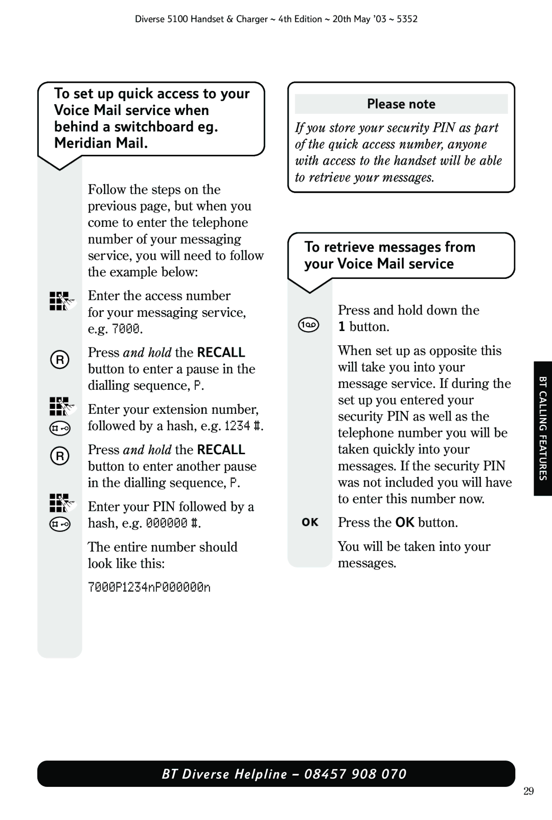 Nokia BT DIVERSE 5100 manual 7000P1234nP000000n, To retrieve messages from your Voice Mail service 