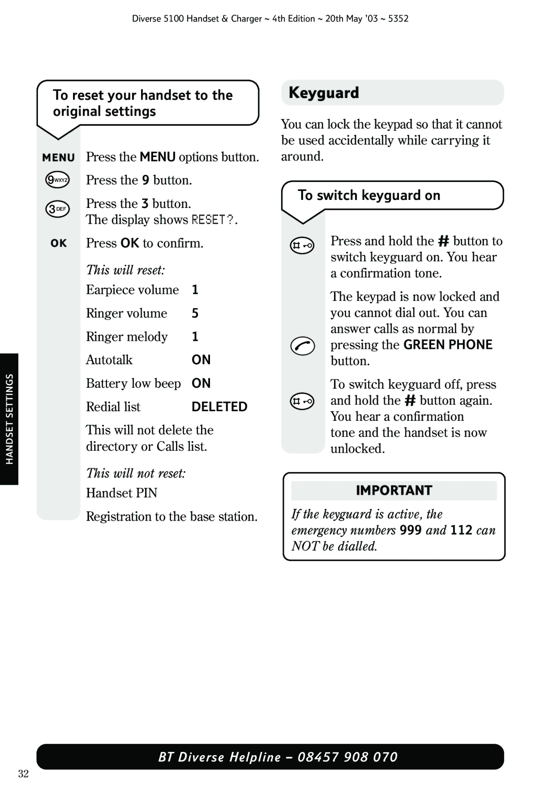 Nokia BT DIVERSE 5100 manual Keyguard, To reset your handset to the original settings, To switch keyguard on 