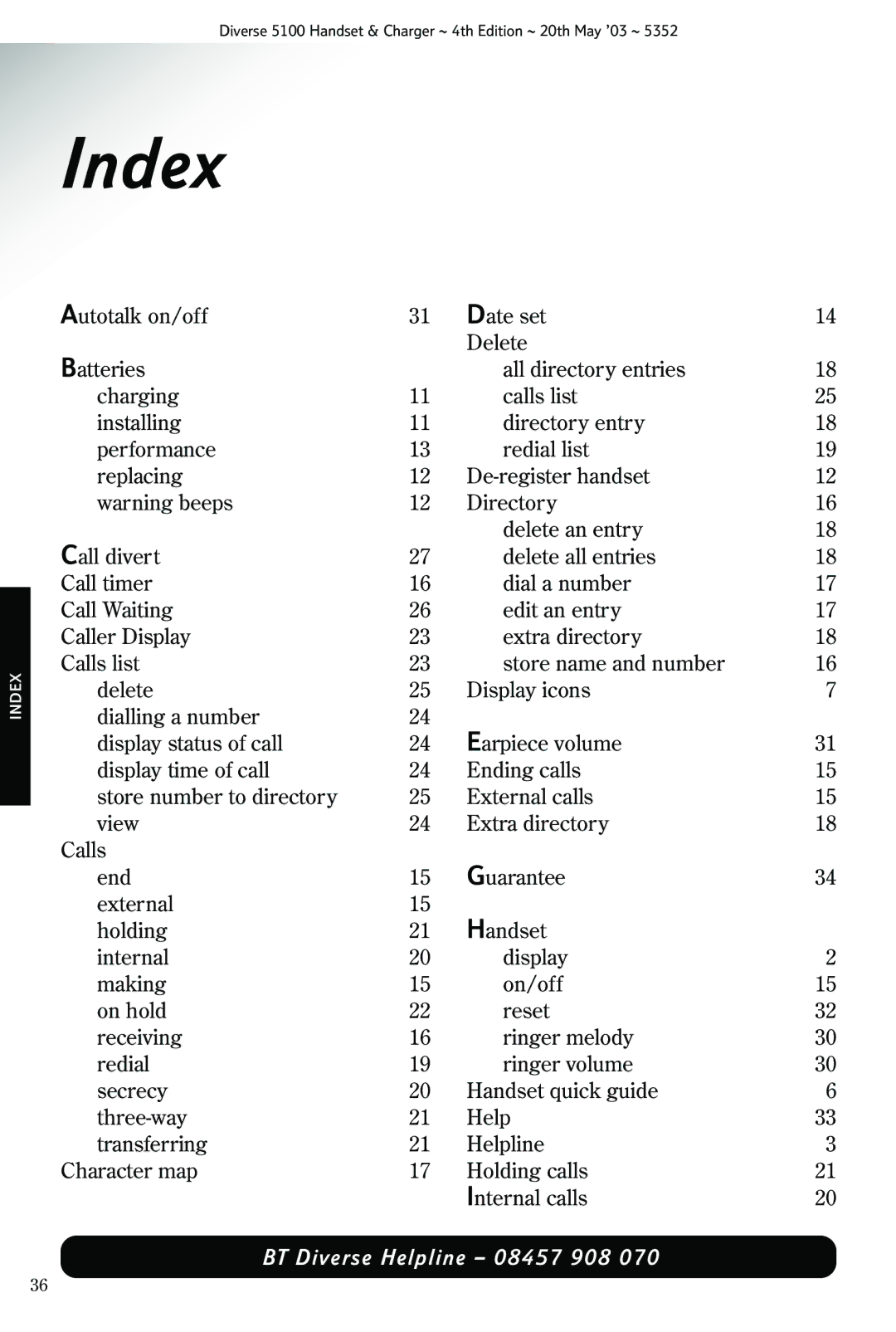 Nokia BT DIVERSE 5100 manual Index 